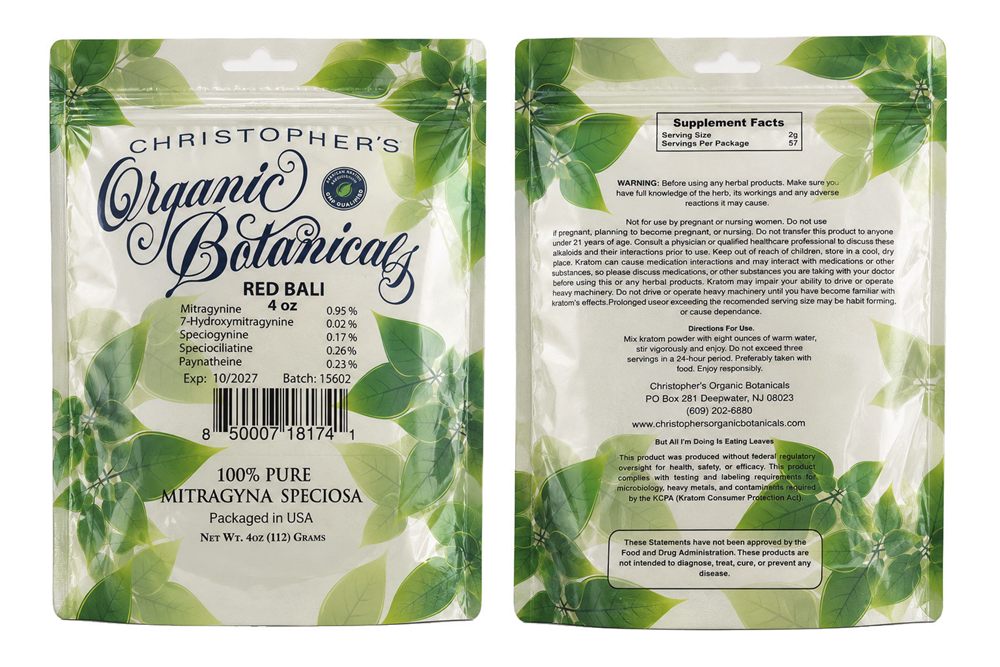 Christopher's Organic Botanicals Red Bali kratom powder, front and back label
